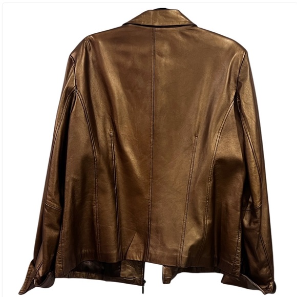 Coldwater Creek metallic leather bronze gold full zip jacket with pockets - Picture 6 of 9